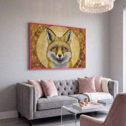 Fox Portrait Canvas Wall Art, Wildlife Close-Up Print in pink floating frame