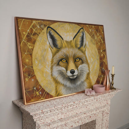 Fox Portrait Canvas Wall Art, Wildlife Close-Up Print in rose gold floating frame