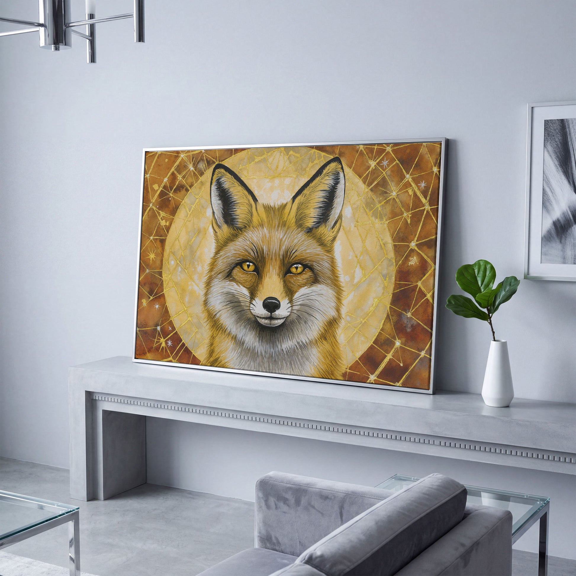 Fox Portrait Canvas Wall Art, Wildlife Close-Up Print in silver floating frame