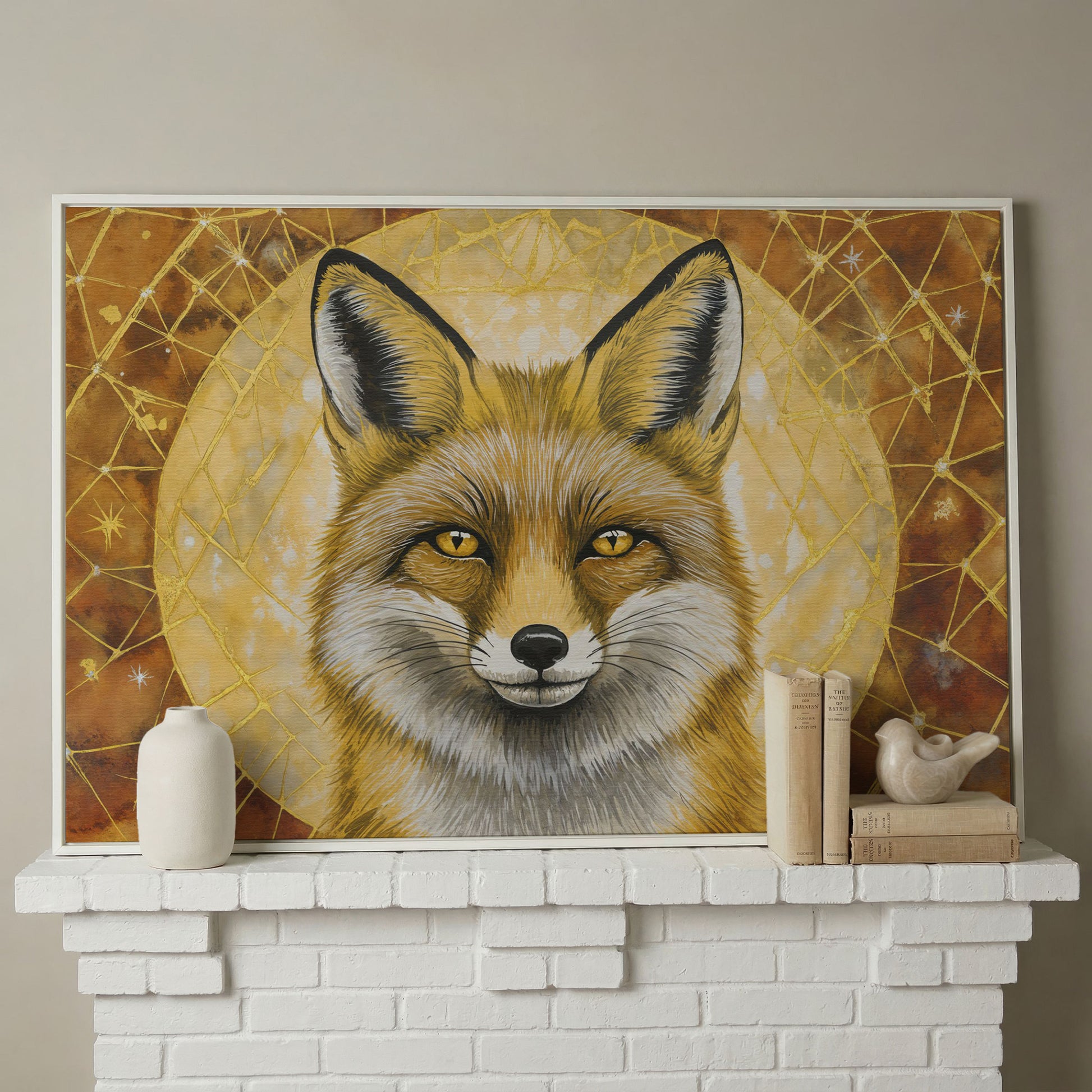 Fox Portrait Canvas Wall Art, Wildlife Close-Up Print in white floating frame