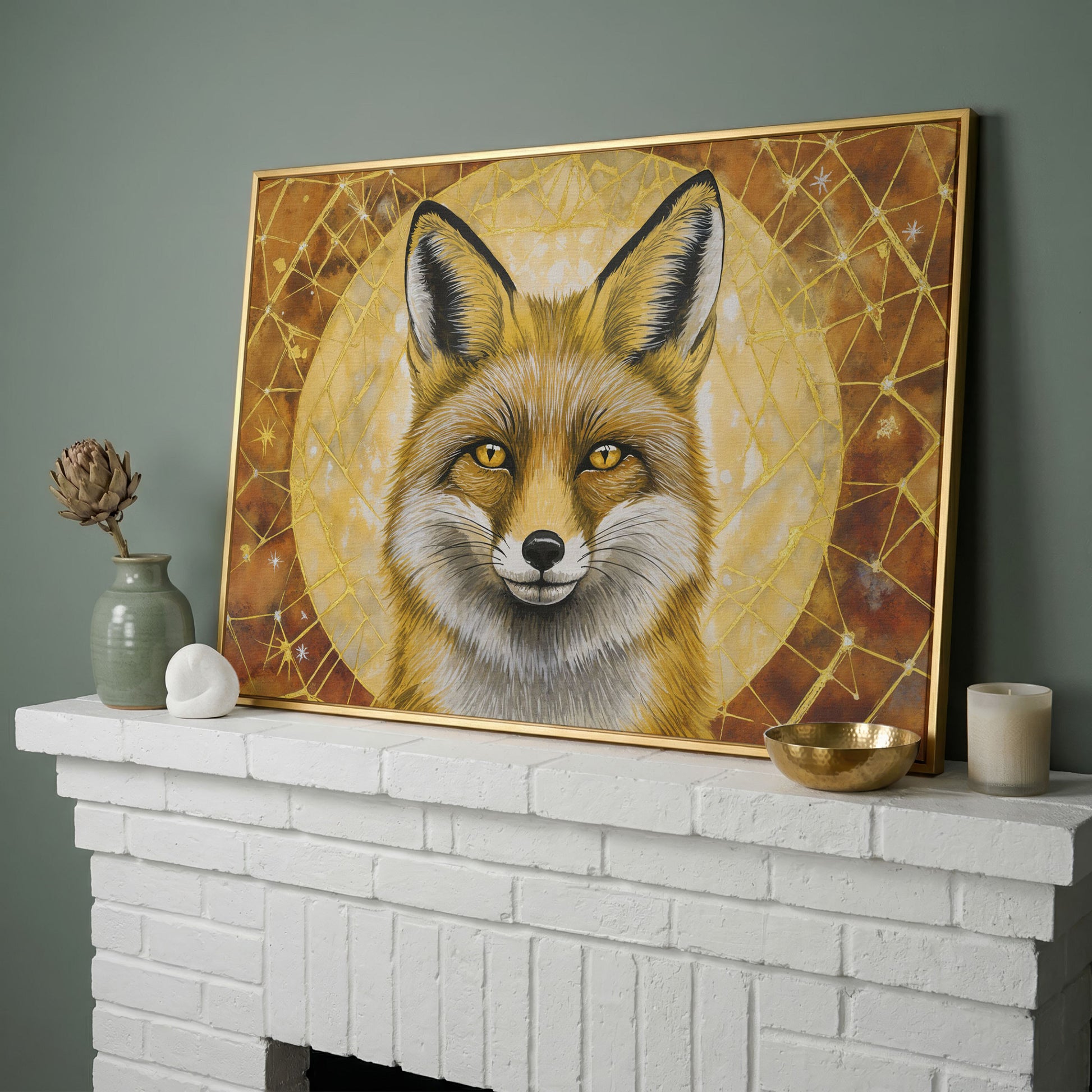 Fox Portrait Canvas Wall Art, Wildlife Close-Up Print in yellow gold floating frame