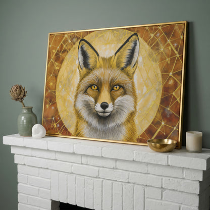 Fox Portrait Canvas Wall Art, Wildlife Close-Up Print in yellow gold floating frame