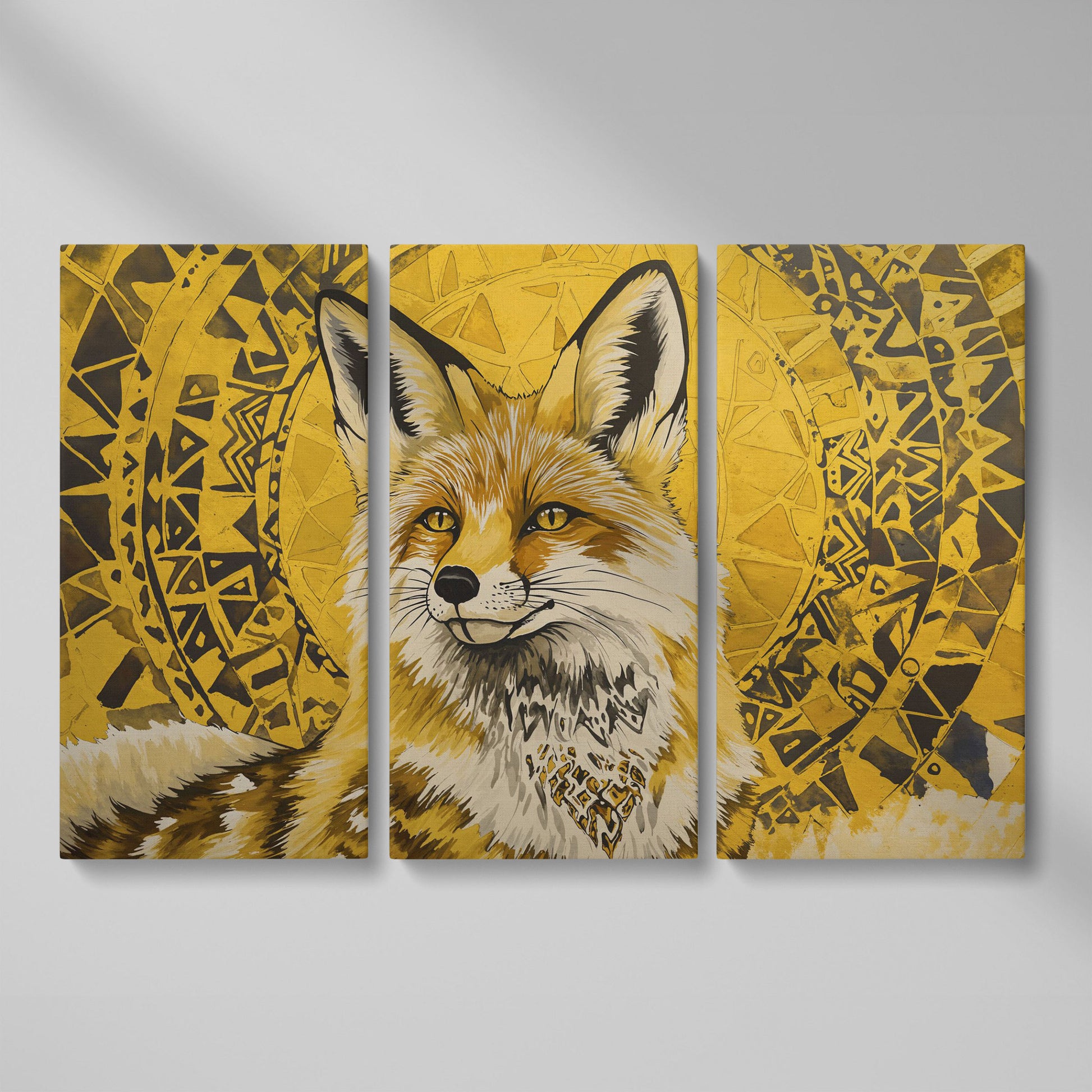 Fox Portrait with Geometric Halo Canvas Wall Art as 3-panel split version