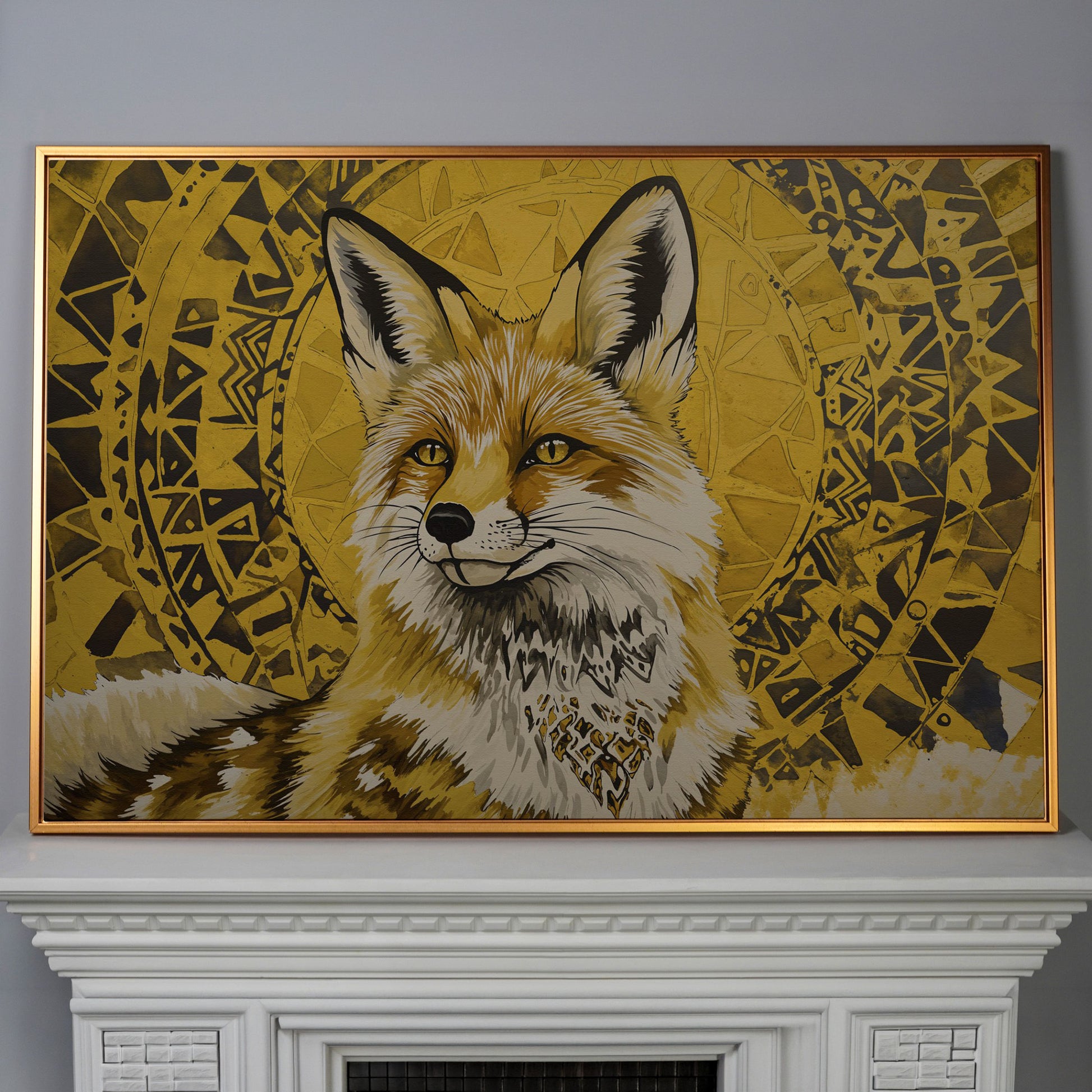 Fox Portrait with Geometric Halo Canvas Wall Art in antique gold floating frame