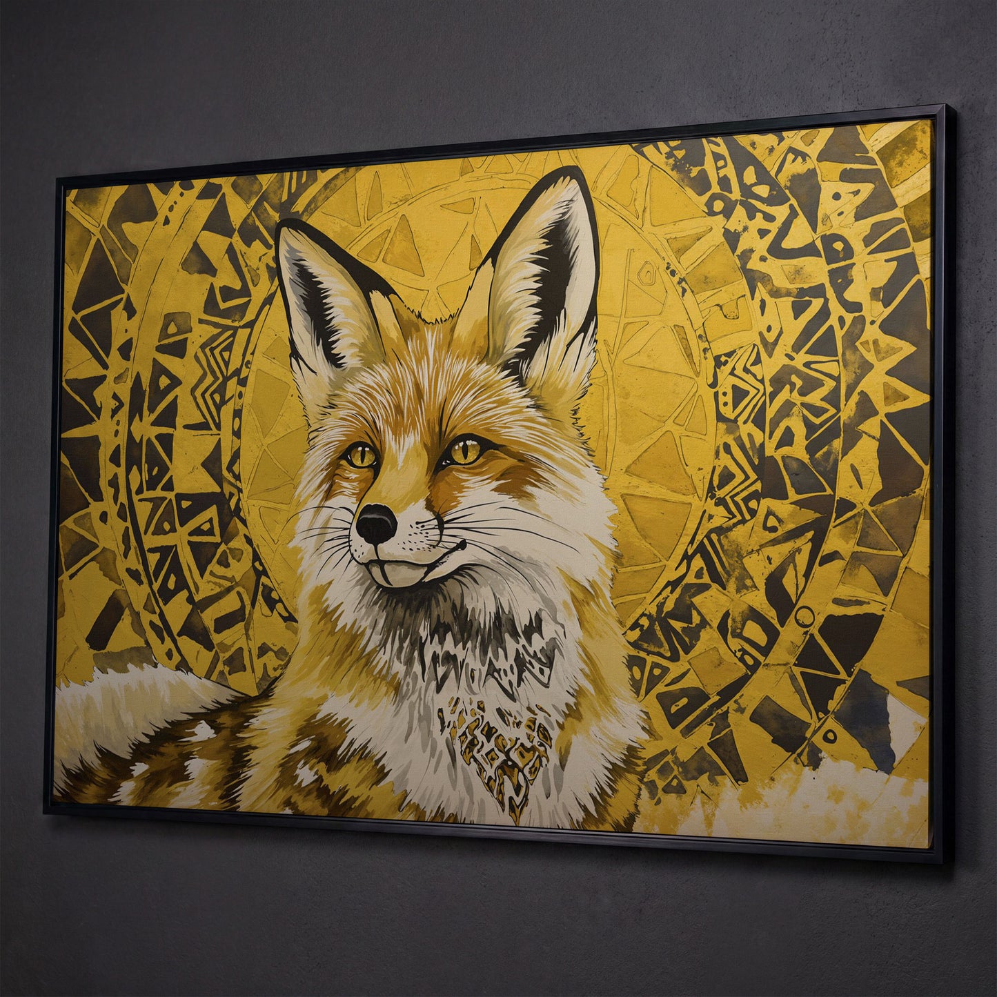 Fox Portrait with Geometric Halo Canvas Wall Art shown in black floating frame