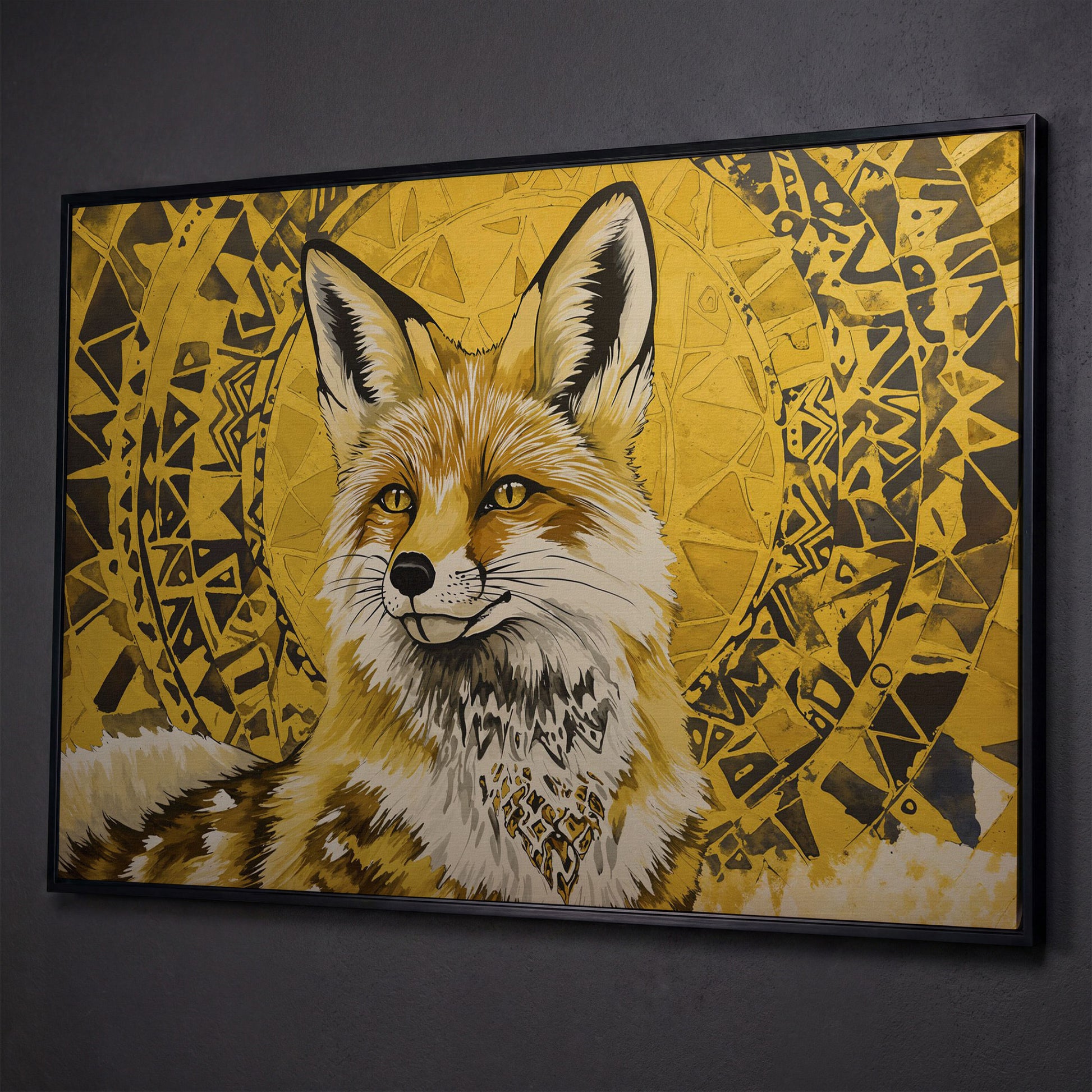 Fox Portrait with Geometric Halo Canvas Wall Art shown in black floating frame