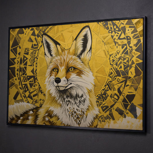 Fox Portrait with Geometric Halo Canvas Wall Art shown in black floating frame