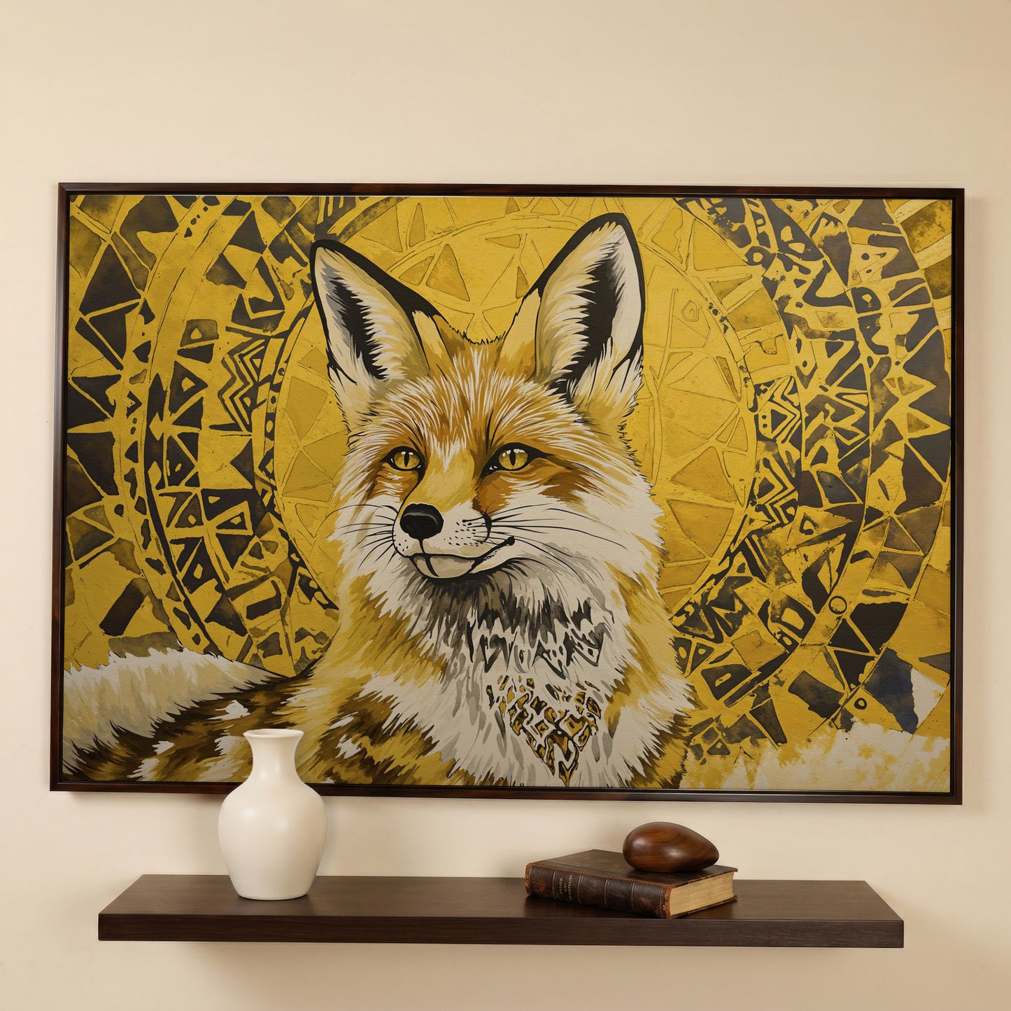 Fox Portrait with Geometric Halo Canvas Wall Art in dark walnut floating frame