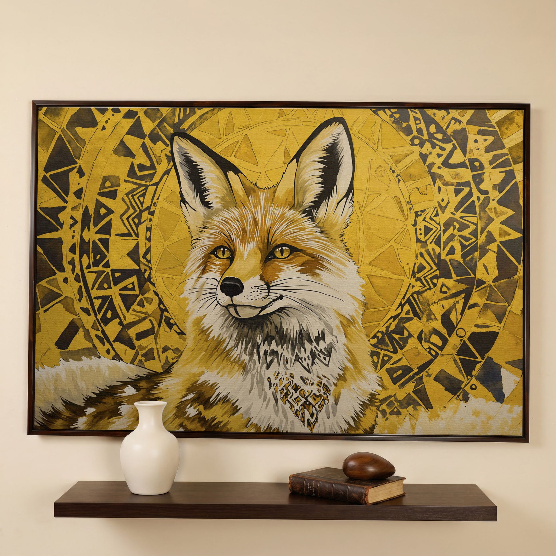 Fox Portrait with Geometric Halo Canvas Wall Art in dark walnut floating frame