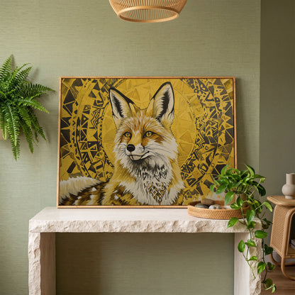 Fox Portrait with Geometric Halo Canvas Wall Art in white oak floating frame