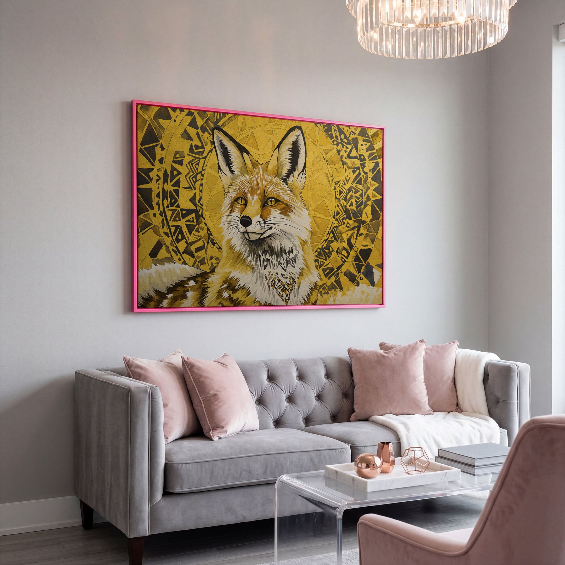 Fox Portrait with Geometric Halo Canvas Wall Art in pink floating frame