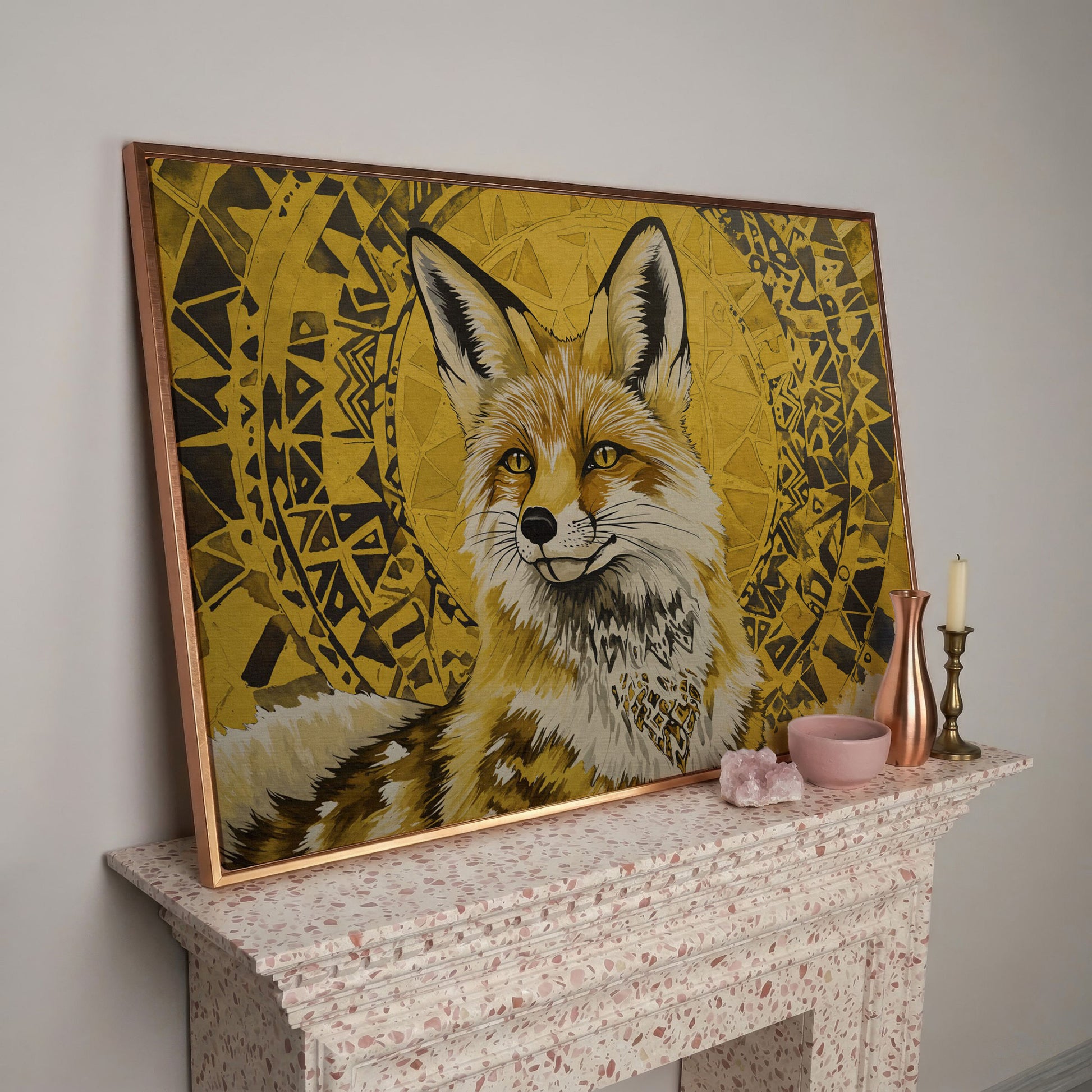 Fox Portrait with Geometric Halo Canvas Wall Art in rose gold floating frame