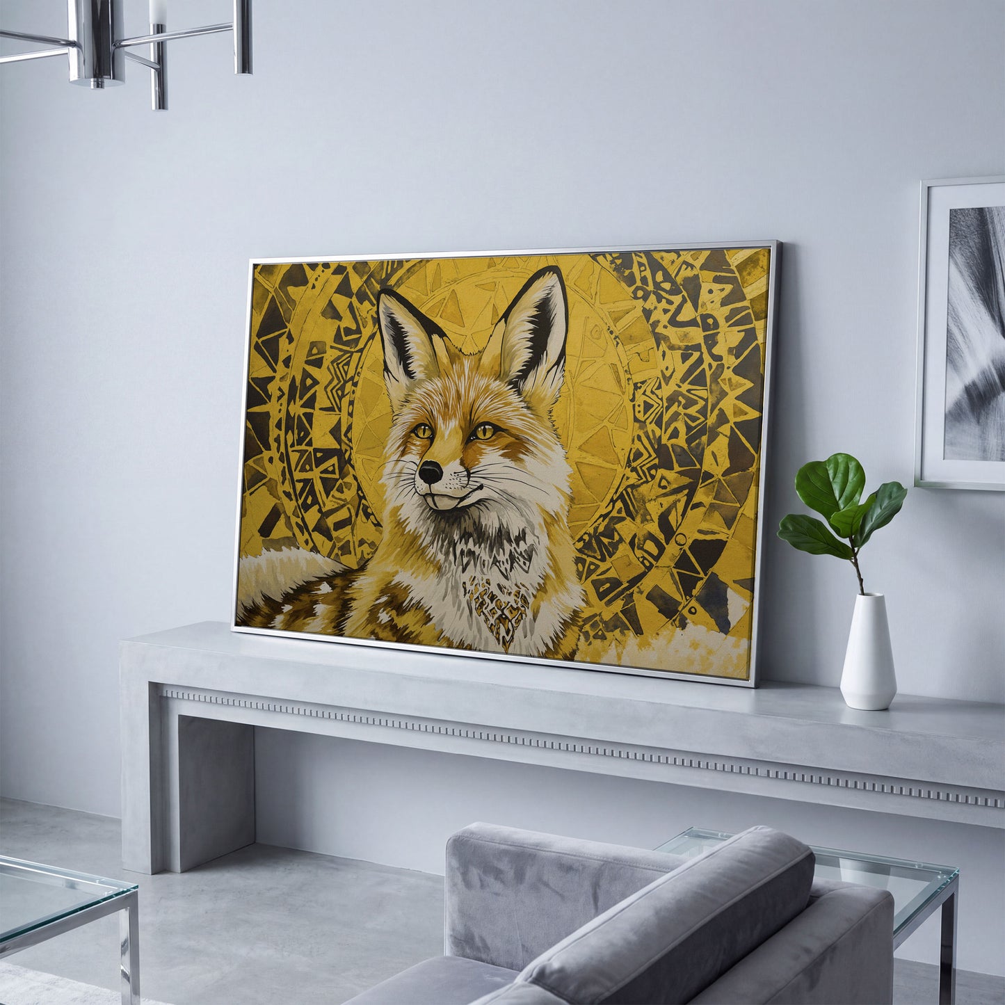 Fox Portrait with Geometric Halo Canvas Wall Art in silver floating frame