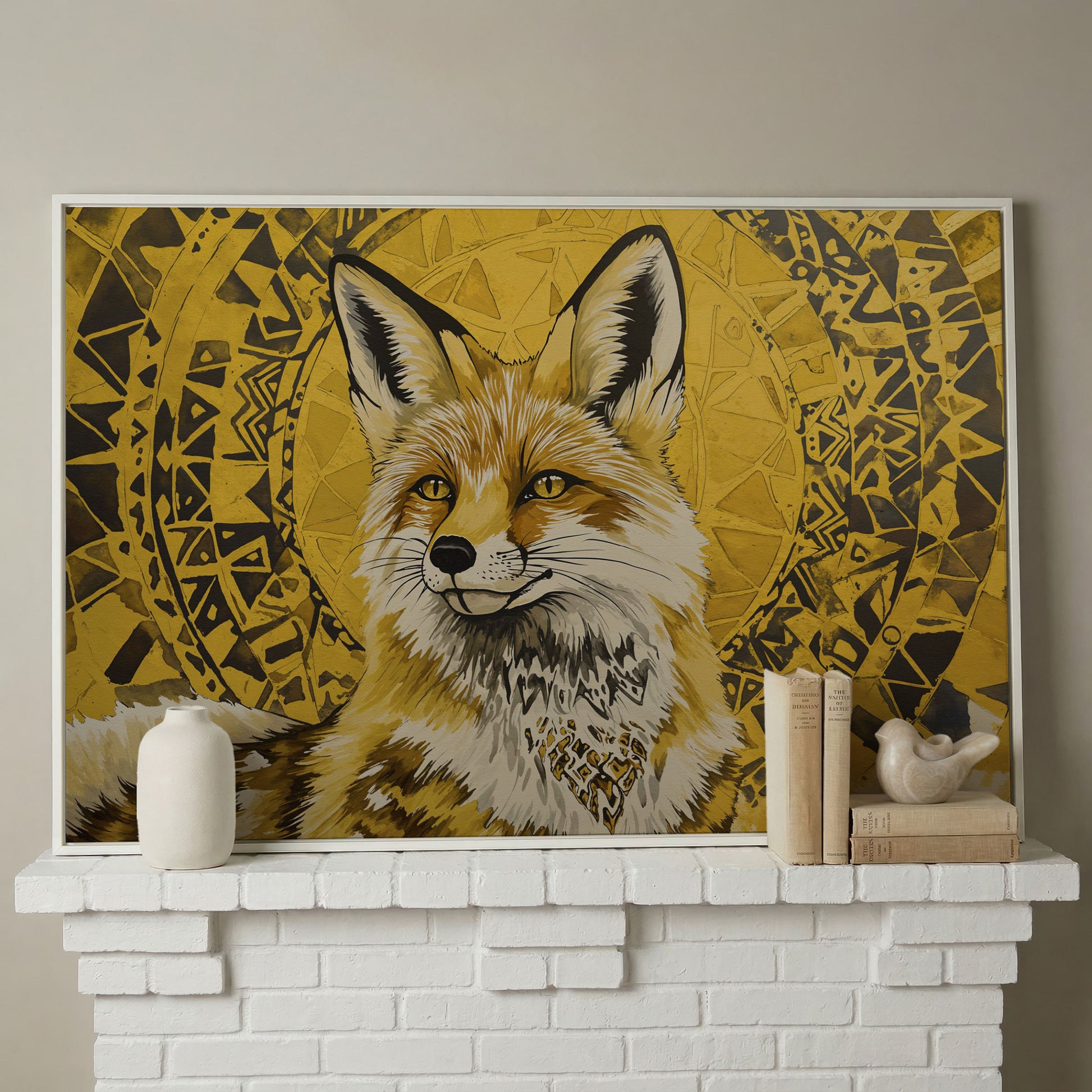 Fox Portrait with Geometric Halo Canvas Wall Art in white floating frame