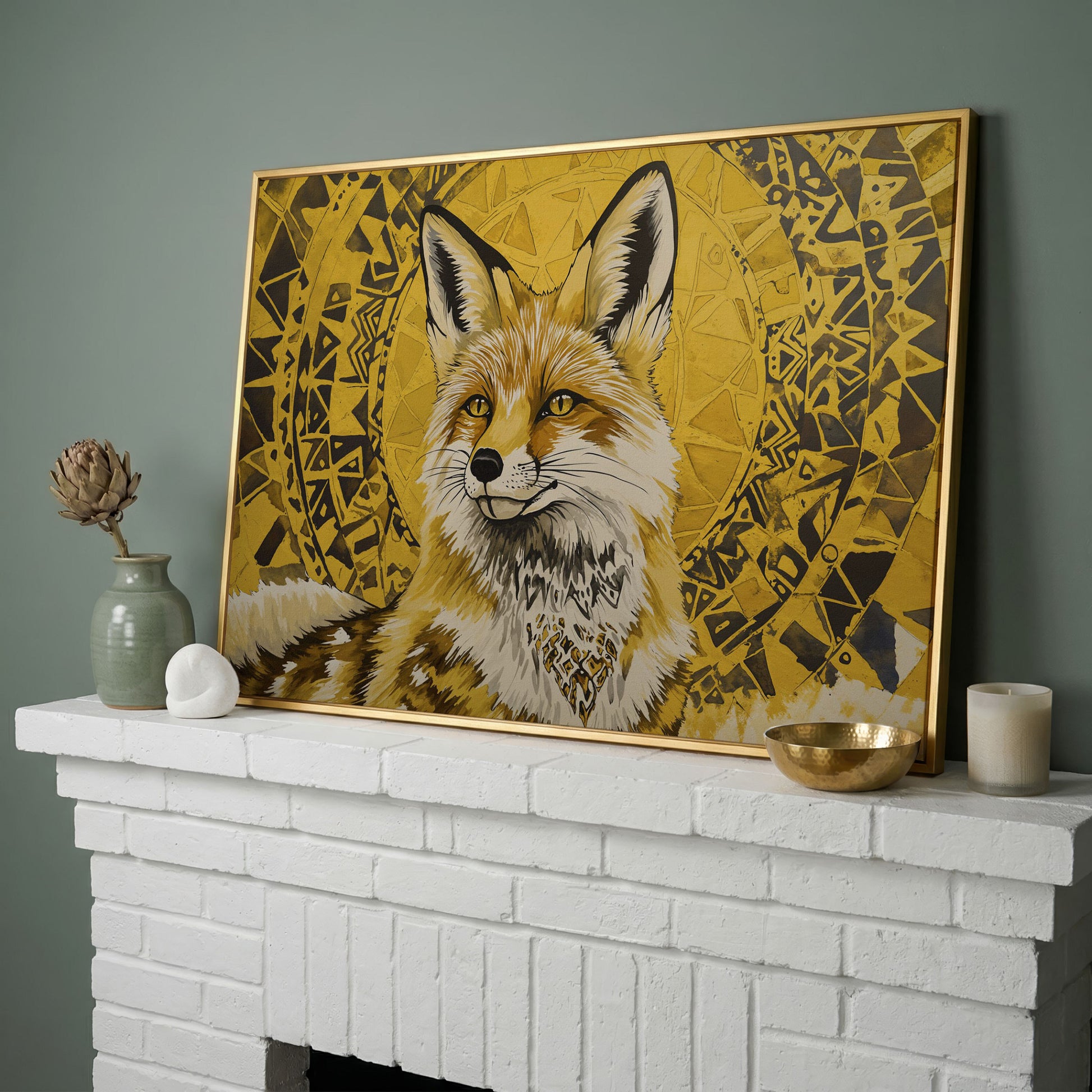 Fox Portrait with Geometric Halo Canvas Wall Art in yellow gold floating frame