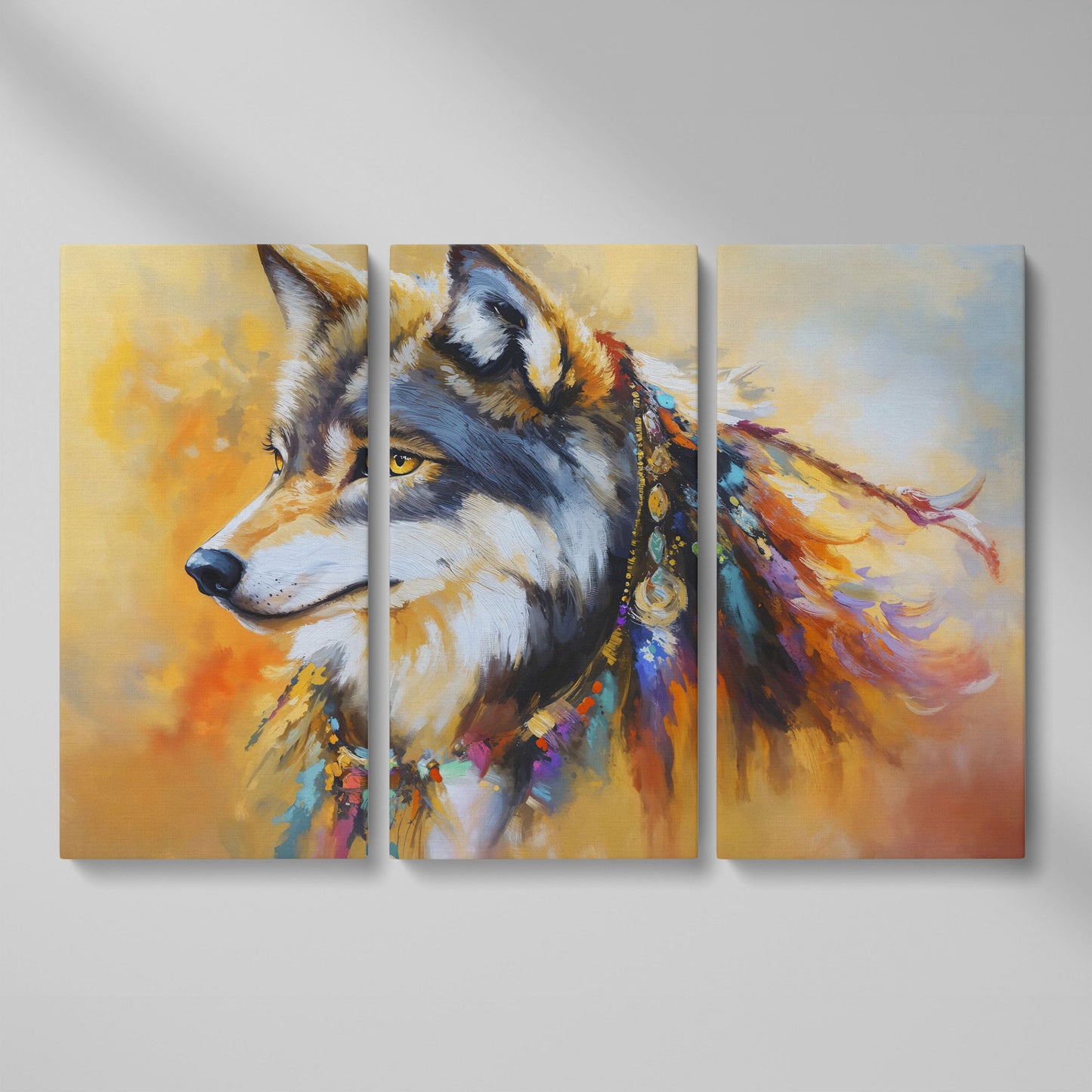 Tribal Wolf Portrait Canvas Wall Art, Landscape as 3-panel split version