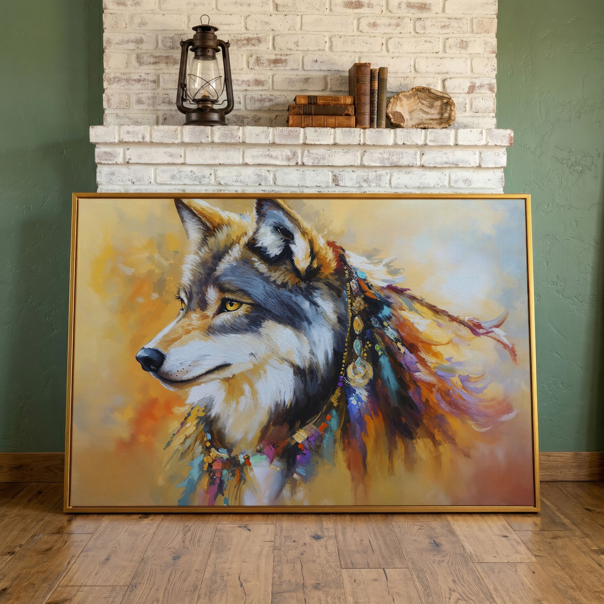 Tribal Wolf Portrait Canvas Wall Art, Landscape in antique gold floating frame