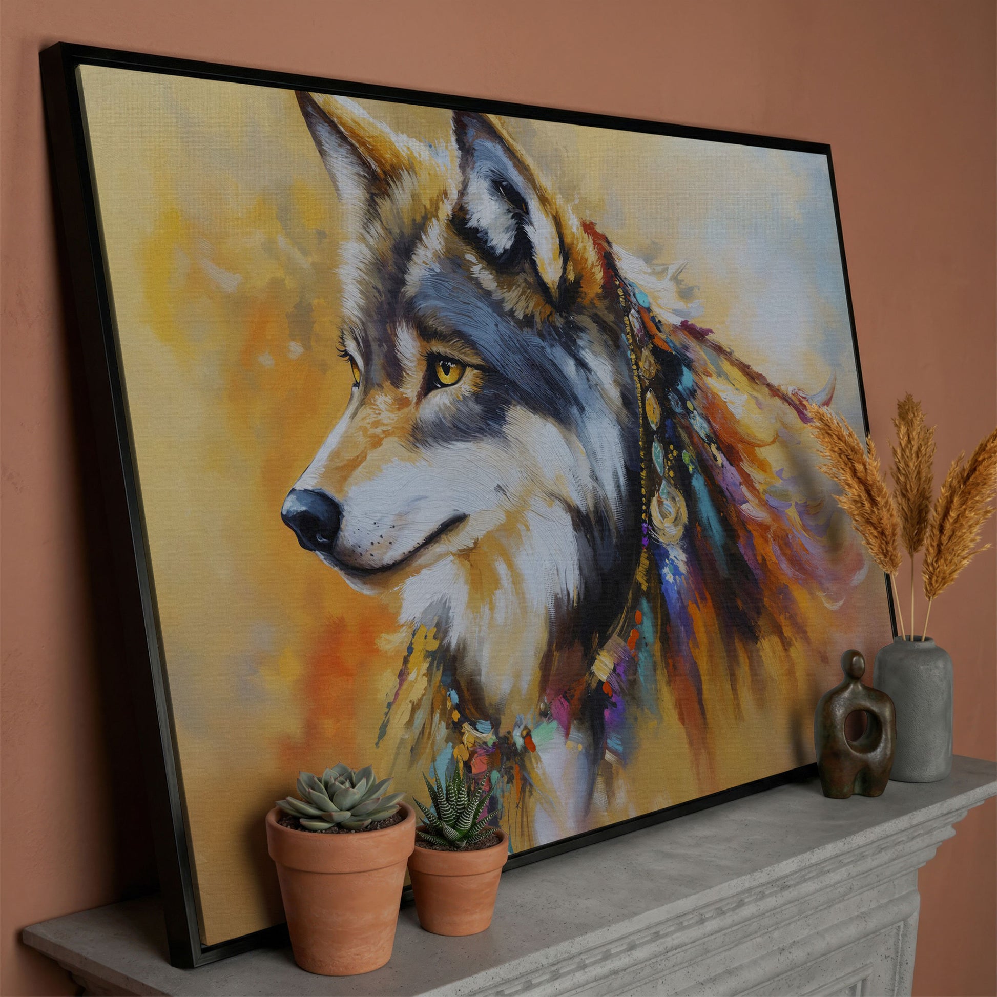 Tribal Wolf Portrait Canvas Wall Art, Landscape in black floating frame