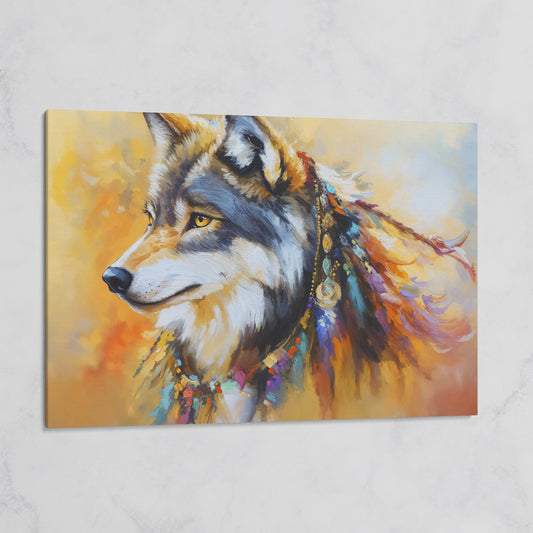 Tribal Wolf Portrait Canvas Wall Art, Landscape on gallery wrap