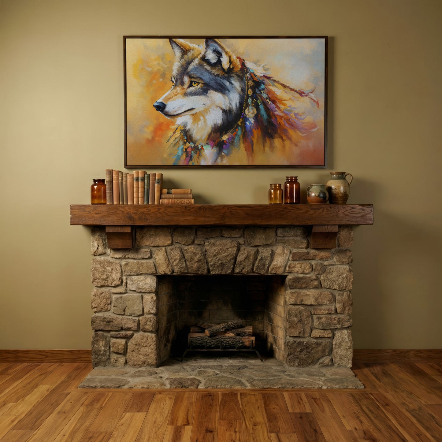 Tribal Wolf Portrait Canvas Wall Art, Landscape in dark walnut floating frame