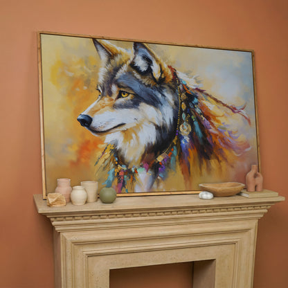 Tribal Wolf Portrait Canvas Wall Art, Landscape in white oak floating frame