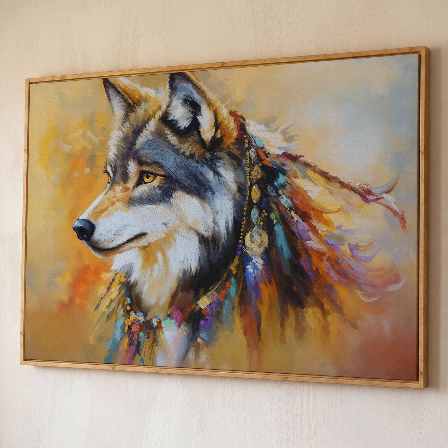 Tribal Wolf Portrait Canvas Wall Art, Landscape shown in white oak floating frame