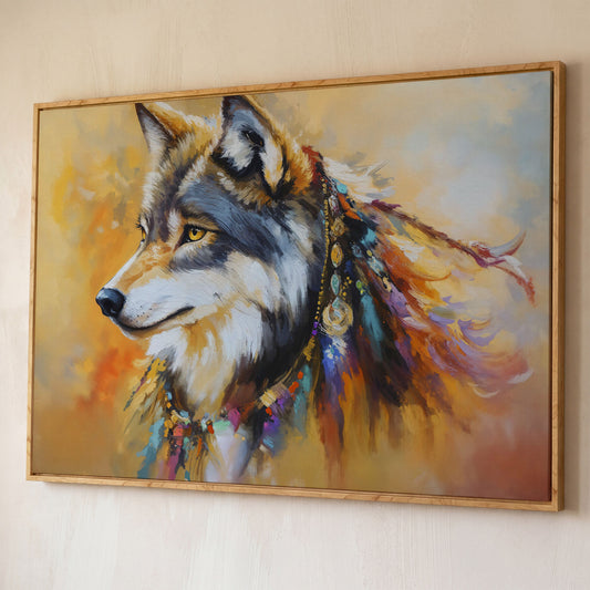 Tribal Wolf Portrait Canvas Wall Art, Landscape shown in white oak floating frame