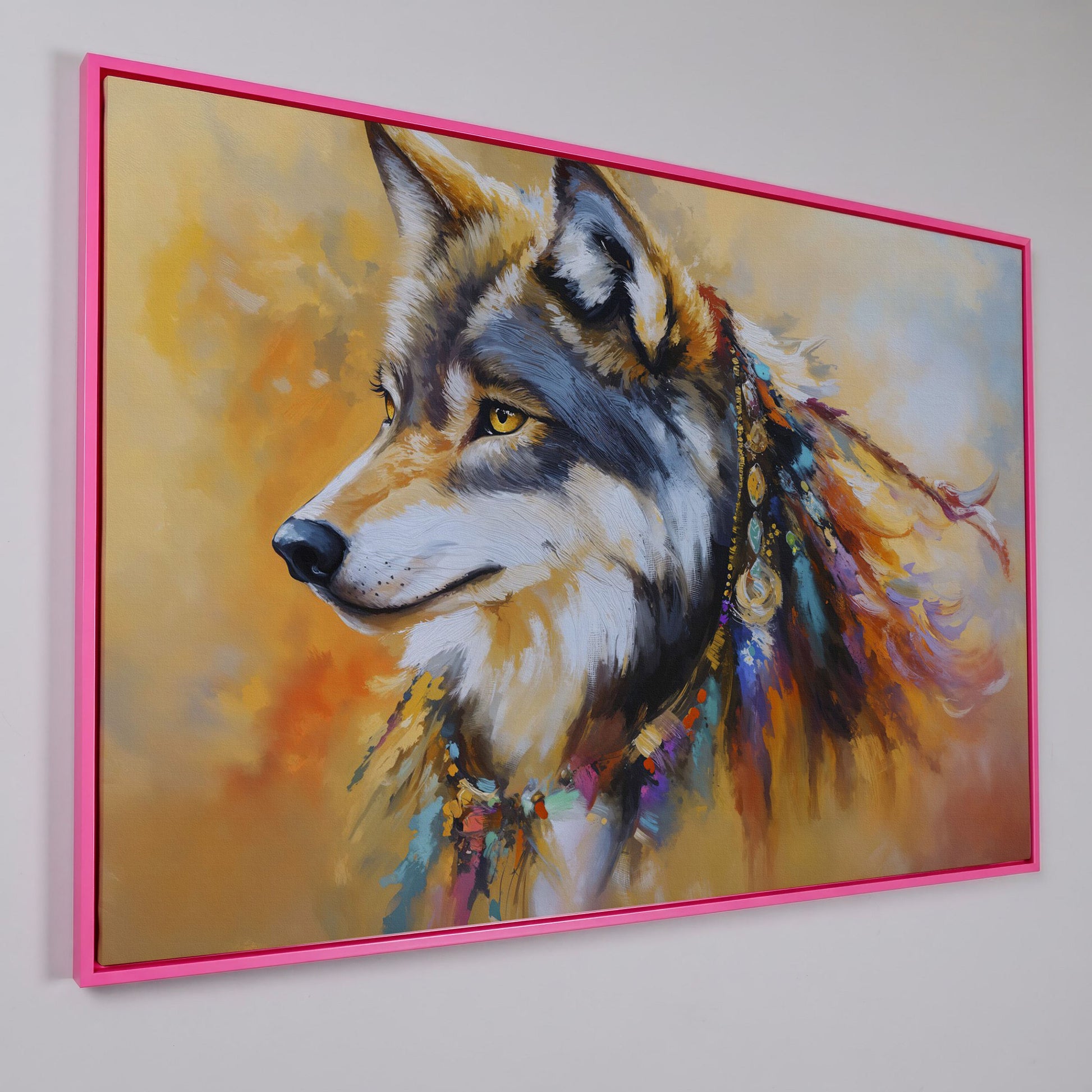 Tribal Wolf Portrait Canvas Wall Art, Landscape in pink floating frame