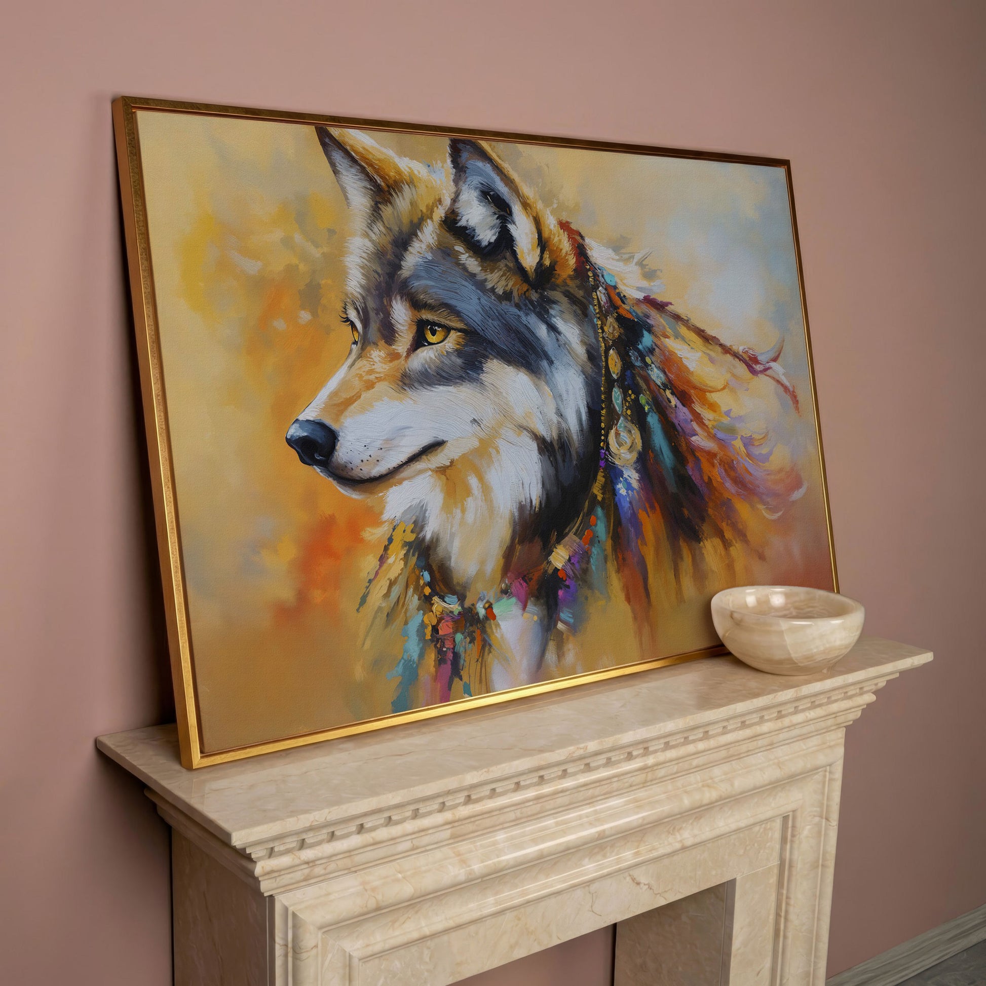 Tribal Wolf Portrait Canvas Wall Art, Landscape in rose gold floating frame