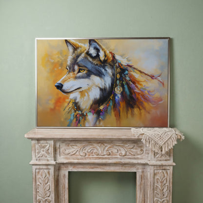 Tribal Wolf Portrait Canvas Wall Art, Landscape in silver floating frame