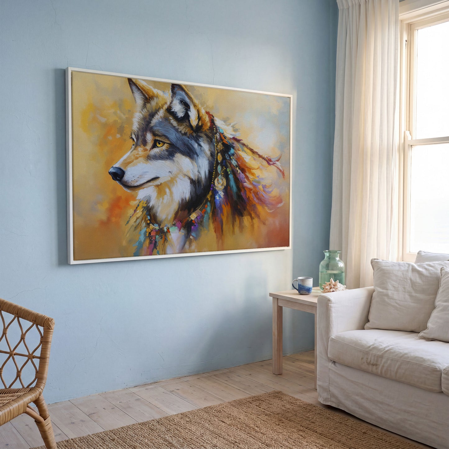 Tribal Wolf Portrait Canvas Wall Art, Landscape in white floating frame