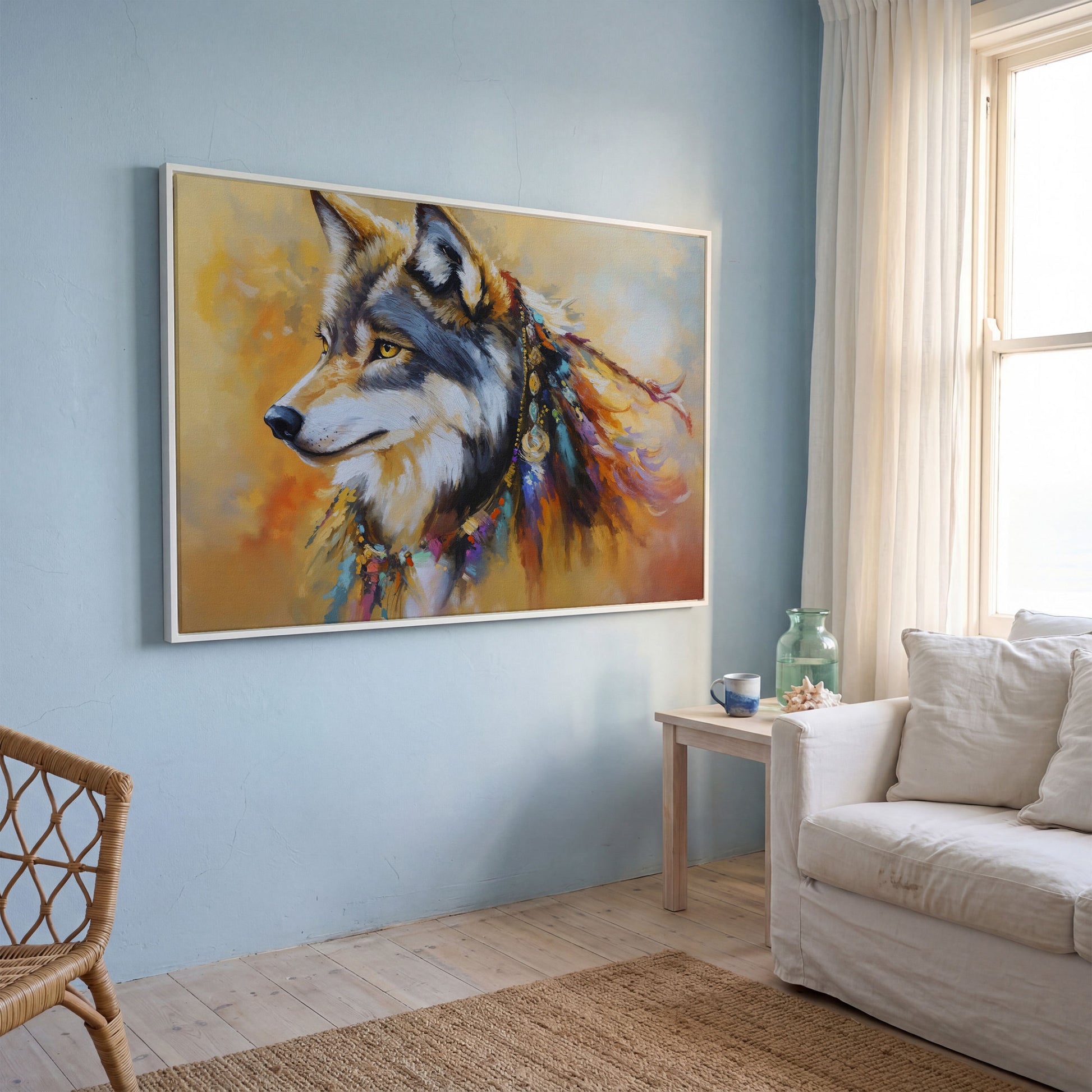 Tribal Wolf Portrait Canvas Wall Art, Landscape in white floating frame