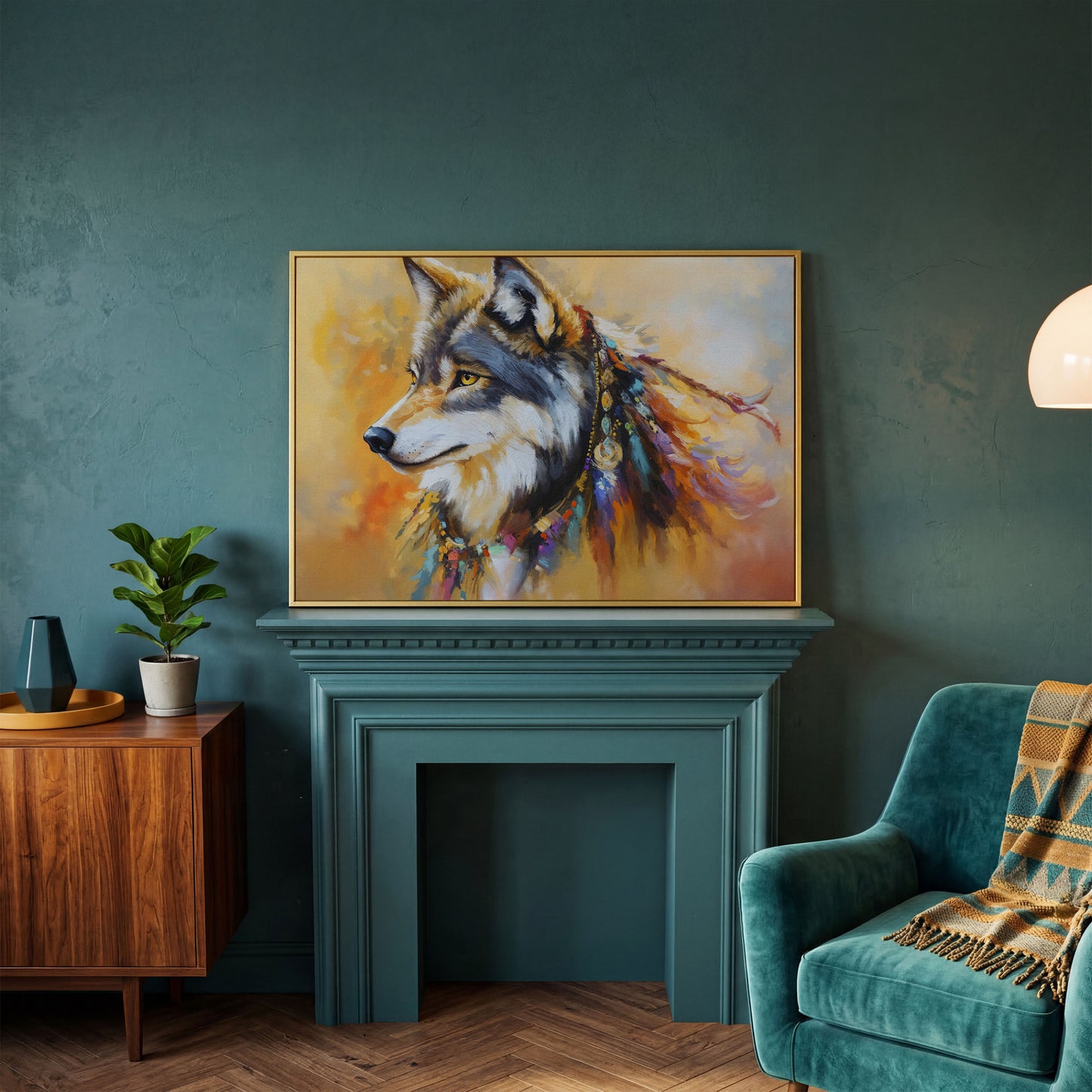 Tribal Wolf Portrait Canvas Wall Art, Landscape in yellow gold floating frame