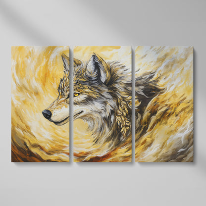 Wolf Portrait in Profile, Ornamental Brushstroke Canvas Art as 3-panel split version