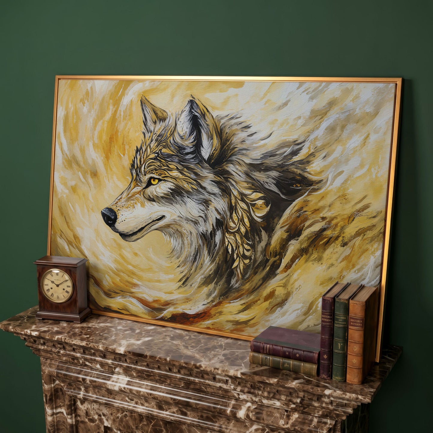 Wolf Portrait in Profile, Ornamental Brushstroke Canvas Art in antique gold floating frame