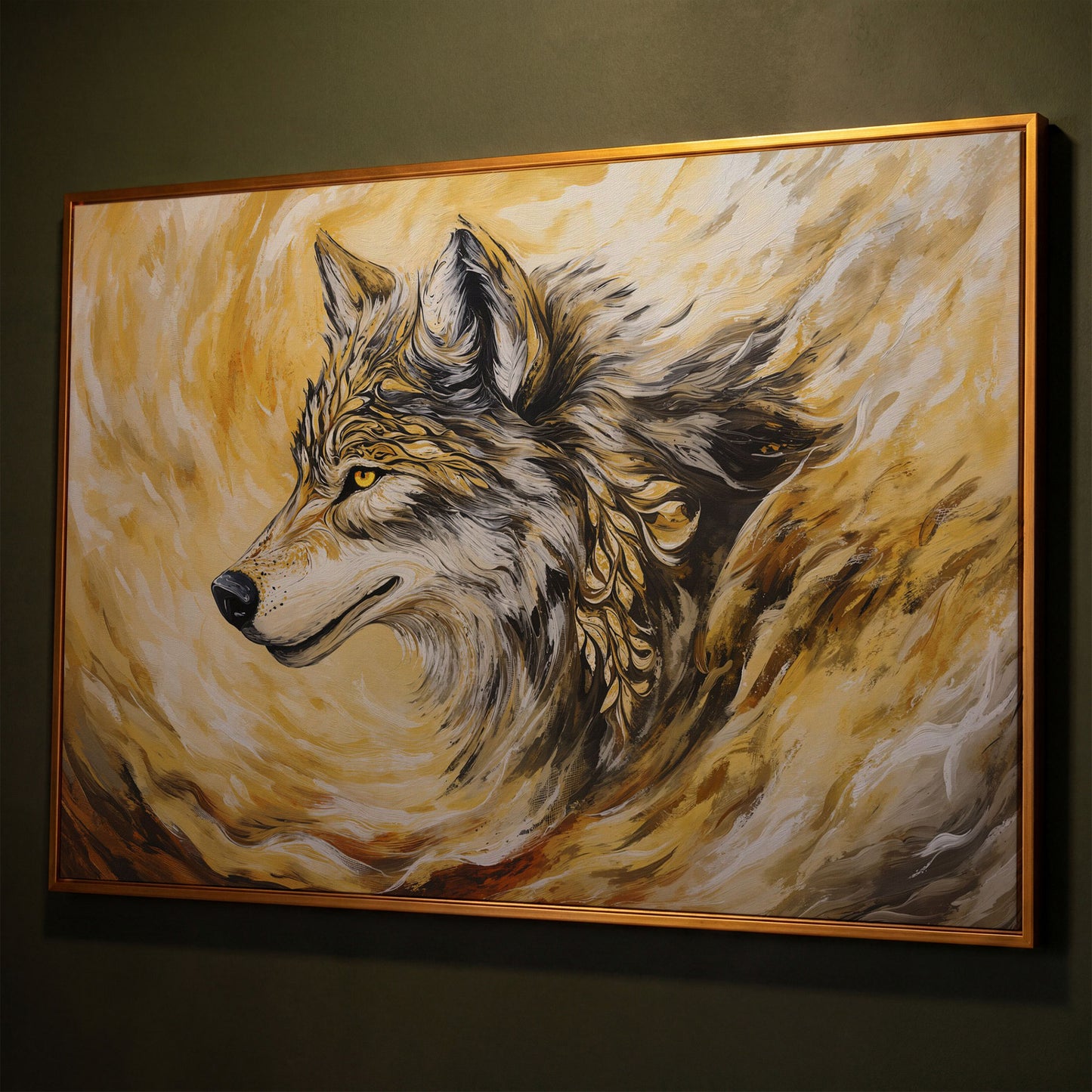 Wolf Portrait in Profile, Ornamental Brushstroke Canvas Art shown in antique gold floating frame