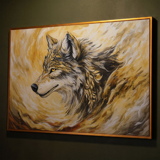 Wolf Portrait in Profile, Ornamental Brushstroke Canvas Art shown in antique gold floating frame