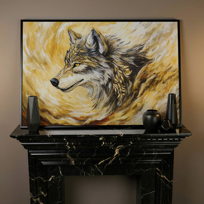 Wolf Portrait in Profile, Ornamental Brushstroke Canvas Art in black floating frame
