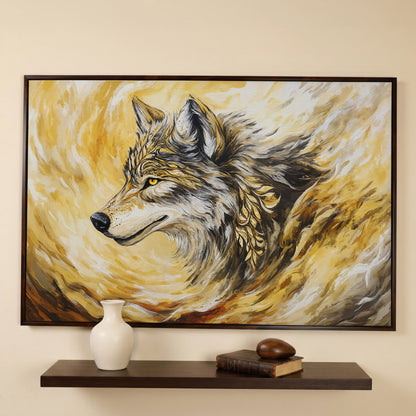 Wolf Portrait in Profile, Ornamental Brushstroke Canvas Art in dark walnut floating frame