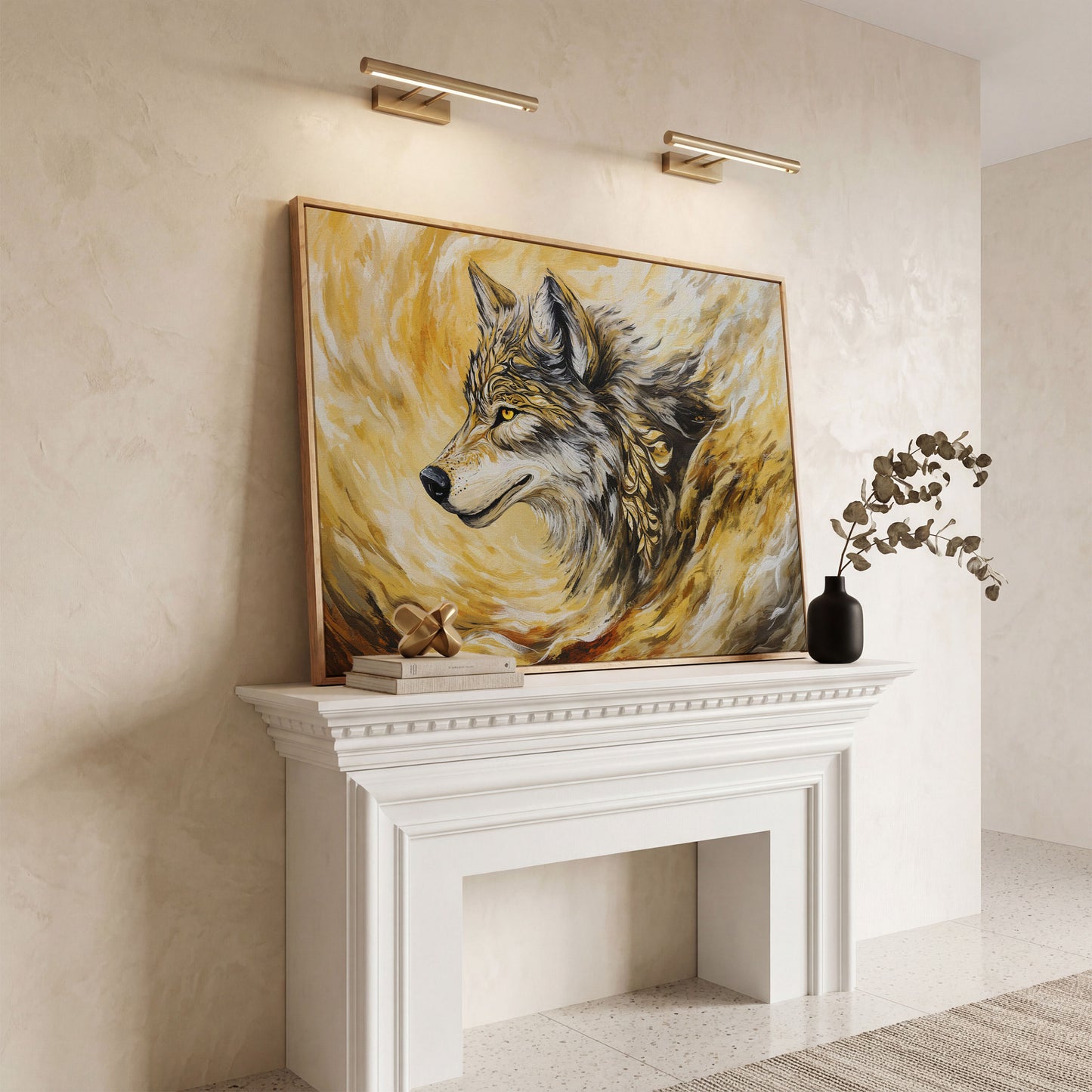 Wolf Portrait in Profile, Ornamental Brushstroke Canvas Art in white oak floating frame