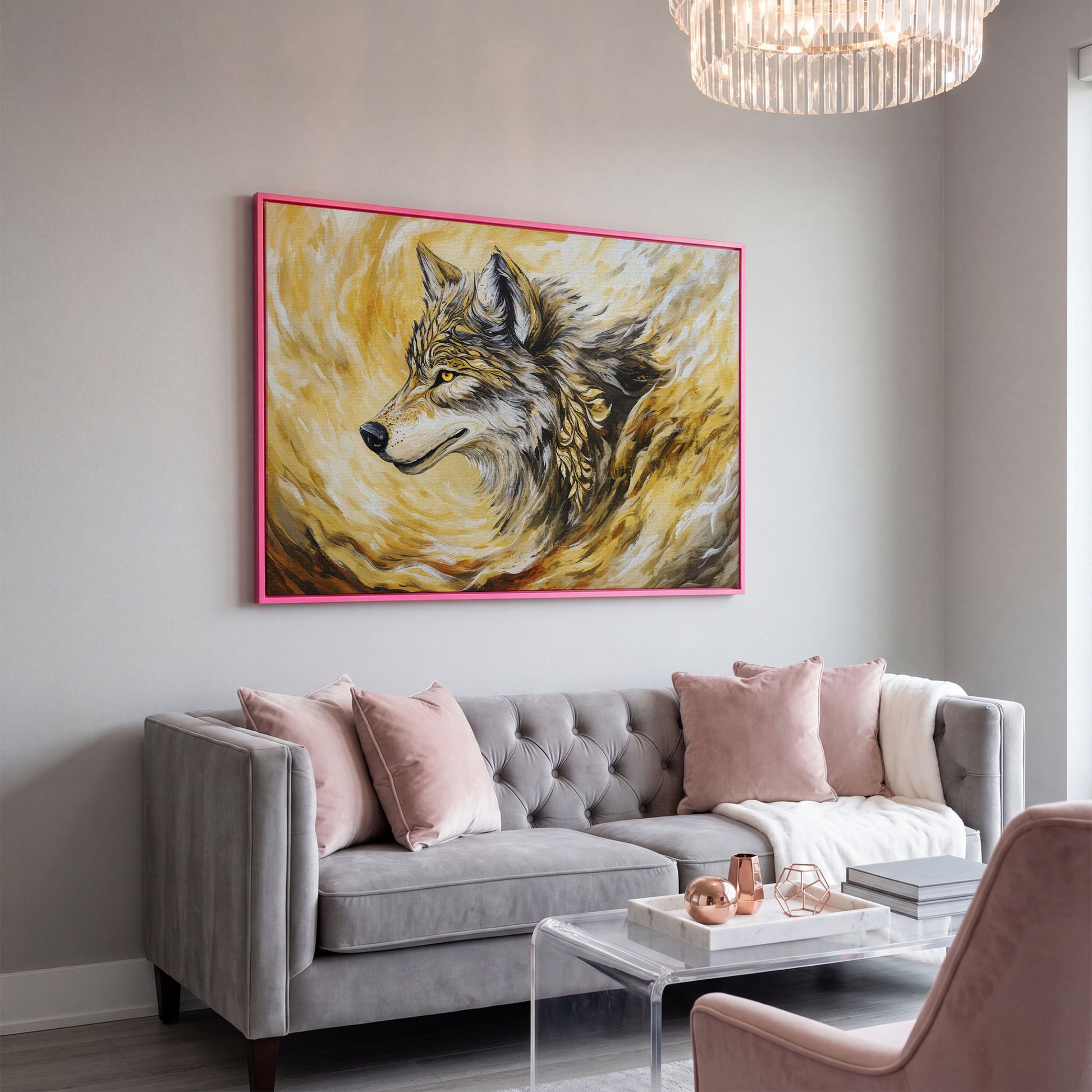 Wolf Portrait in Profile, Ornamental Brushstroke Canvas Art in pink floating frame
