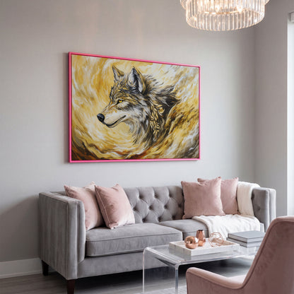 Wolf Portrait in Profile, Ornamental Brushstroke Canvas Art in pink floating frame
