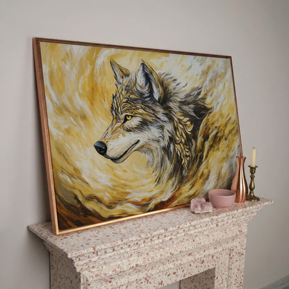 Wolf Portrait in Profile, Ornamental Brushstroke Canvas Art in rose gold floating frame