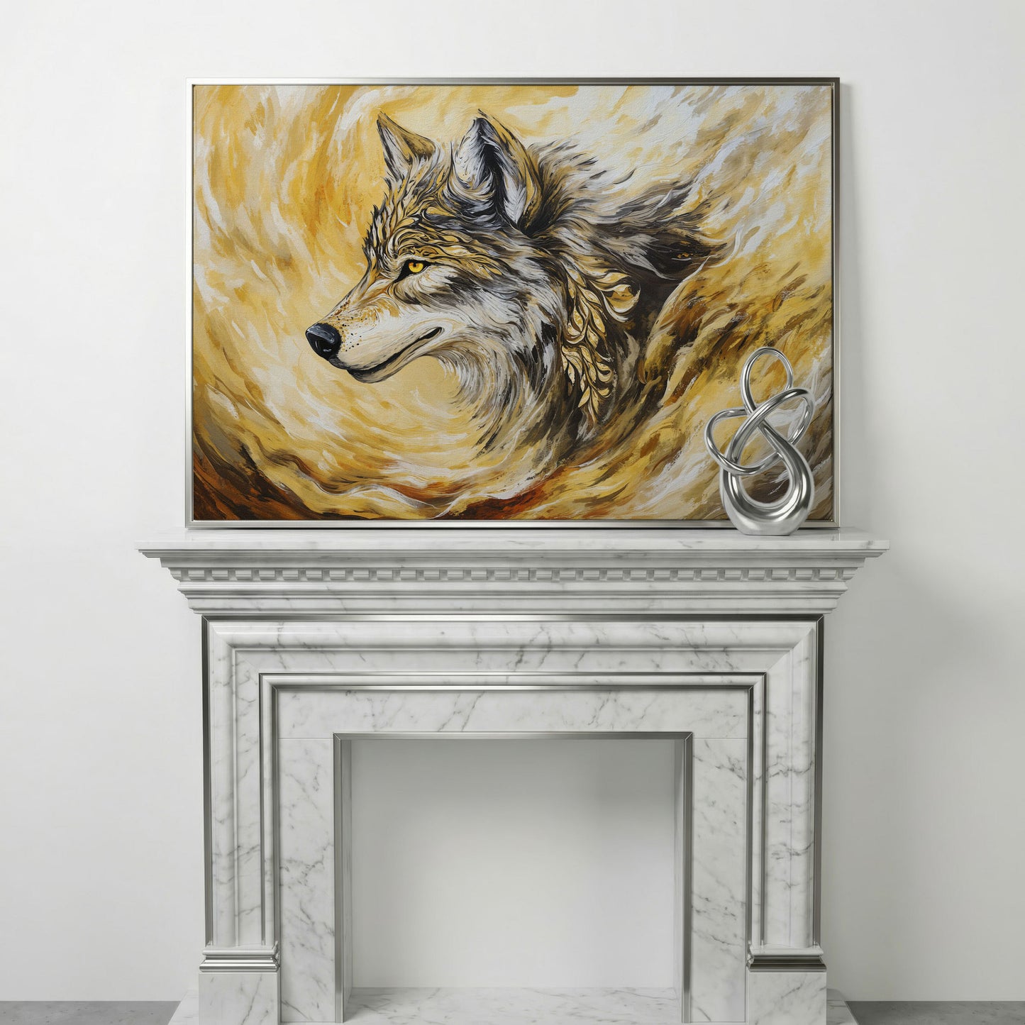 Wolf Portrait in Profile, Ornamental Brushstroke Canvas Art in silver floating frame