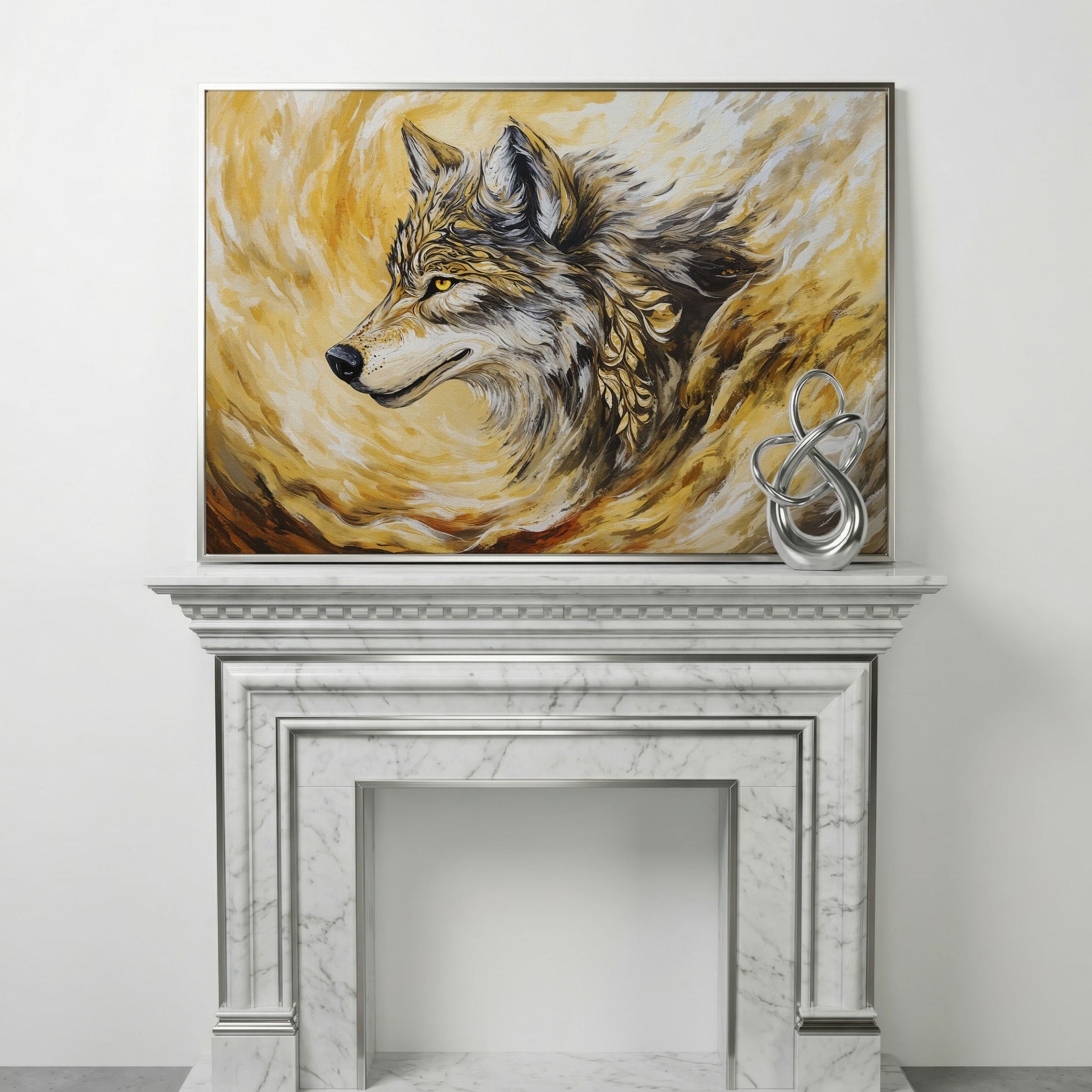 Wolf Portrait in Profile, Ornamental Brushstroke Canvas Art in silver floating frame