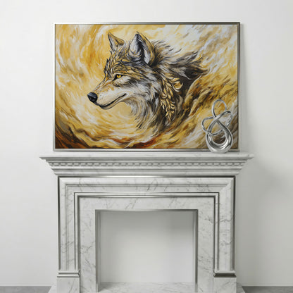 Wolf Portrait in Profile, Ornamental Brushstroke Canvas Art in silver floating frame