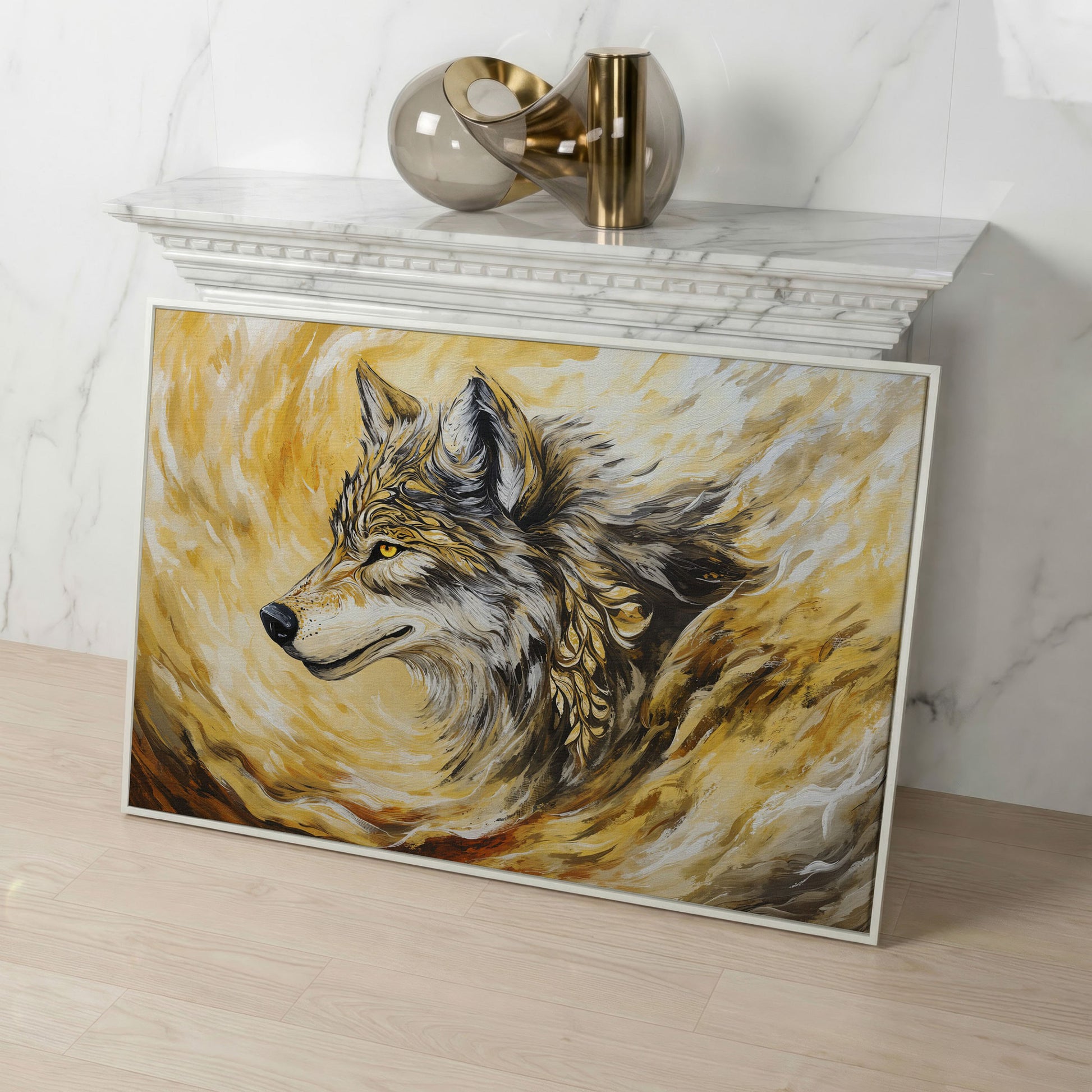 Wolf Portrait in Profile, Ornamental Brushstroke Canvas Art in white floating frame