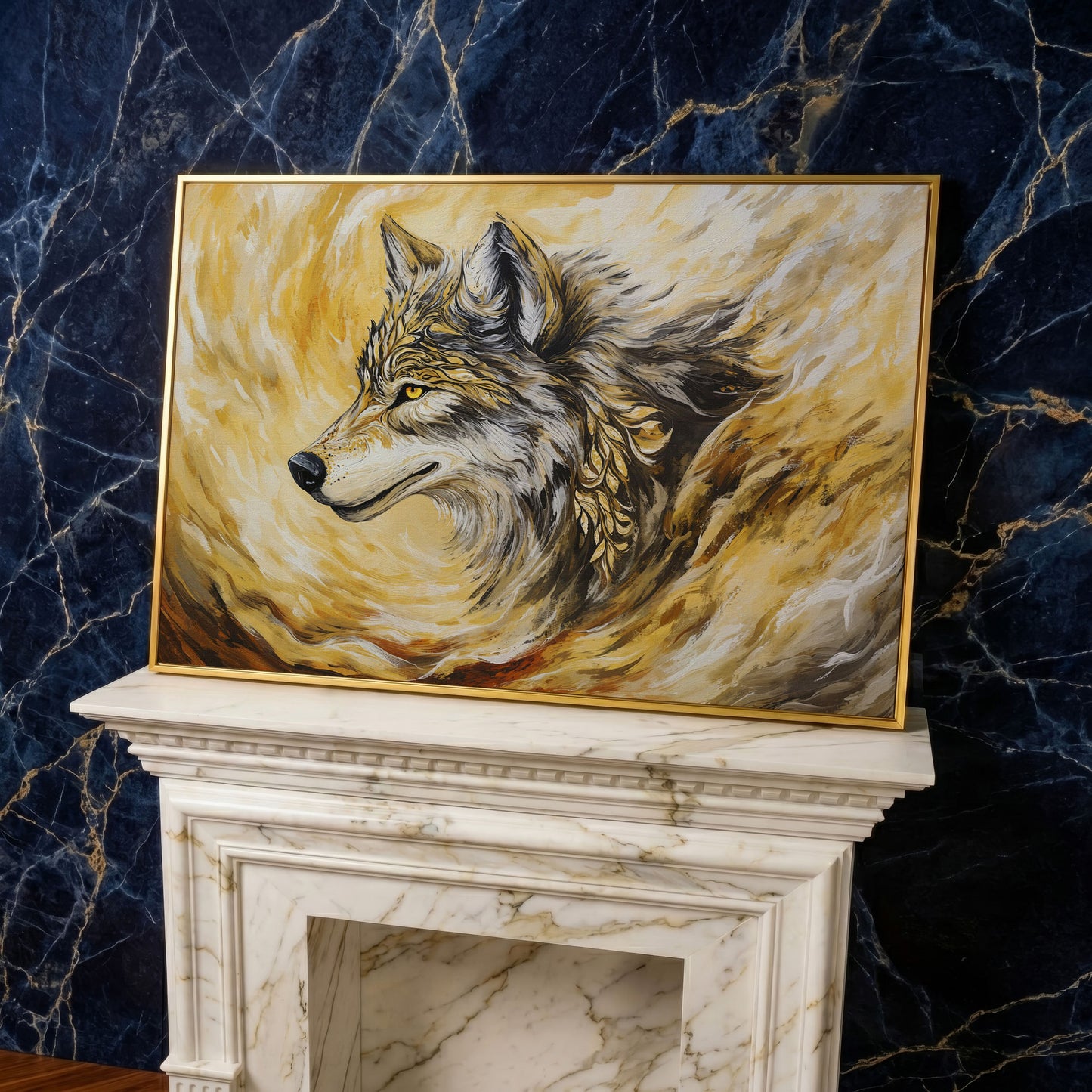 Wolf Portrait in Profile, Ornamental Brushstroke Canvas Art in yellow gold floating frame