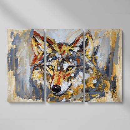 Close-Up Wolf Portrait Canvas Wall Art as 3-panel split version