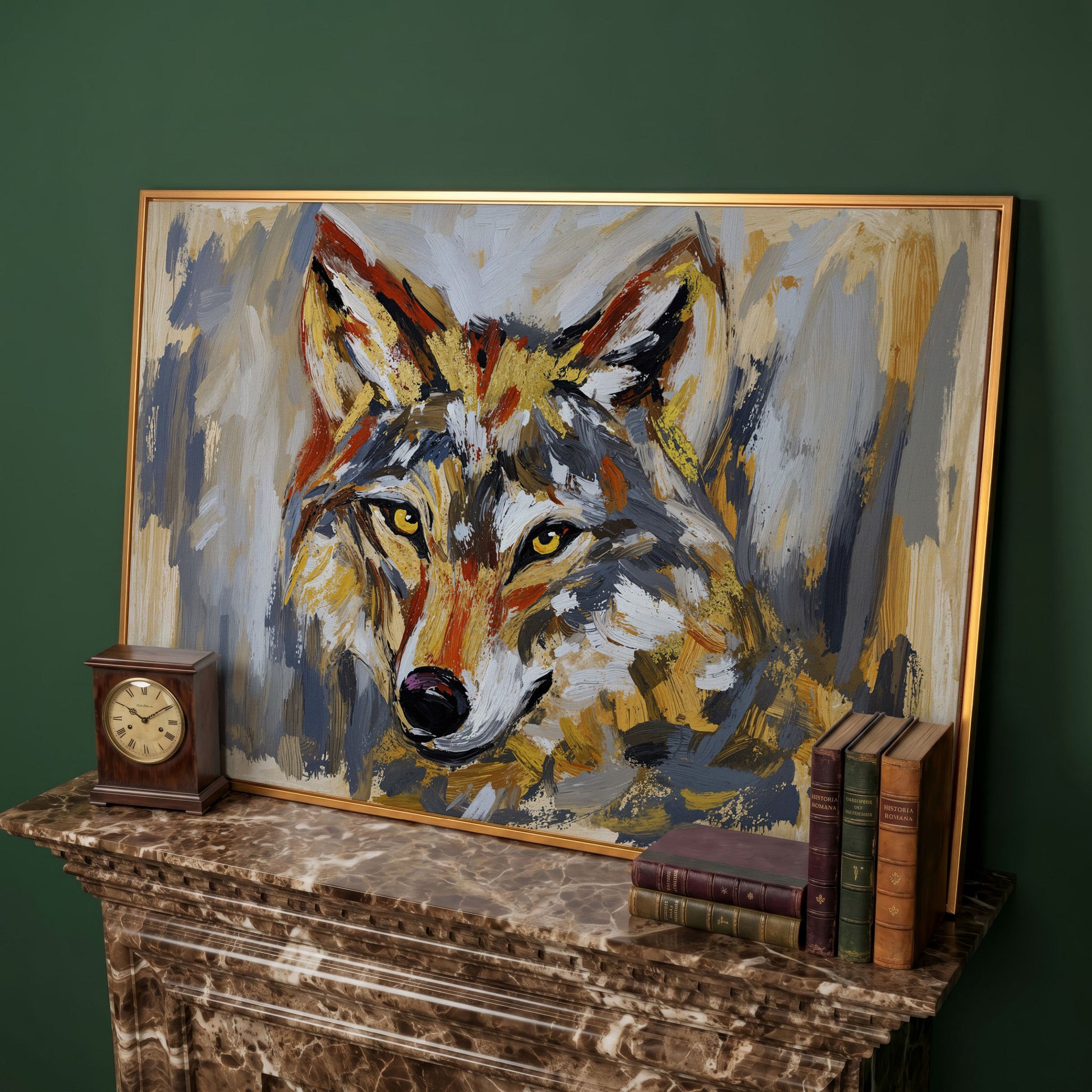 Close-Up Wolf Portrait Canvas Wall Art in antique gold floating frame